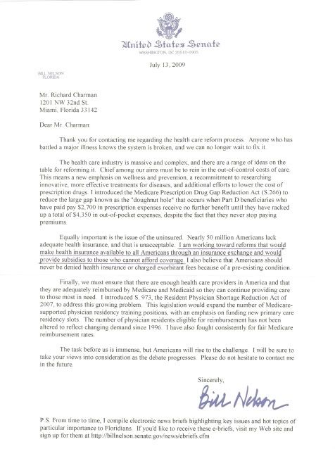 Senator Bill Nelson Reply letter