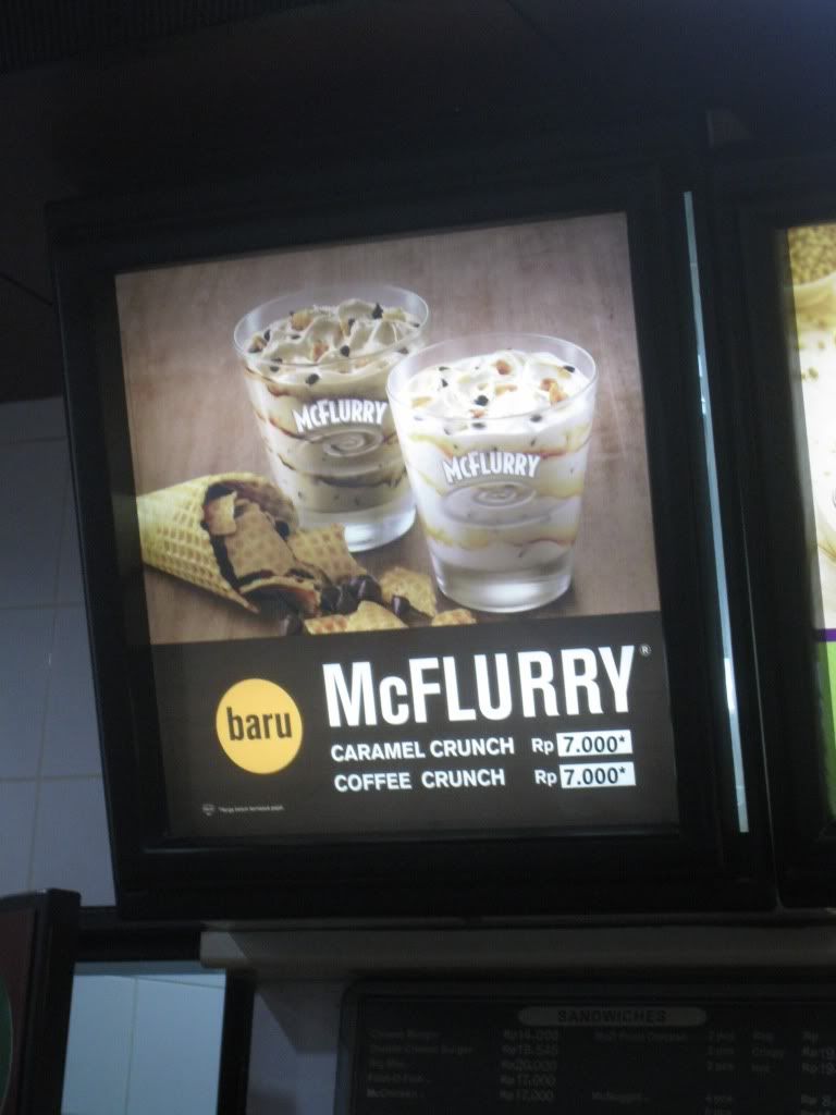McDonald's McFlurry menu in Yogyakarta, Central Java, Indonesia featuring Caramel Crunch and Coffee Crunch