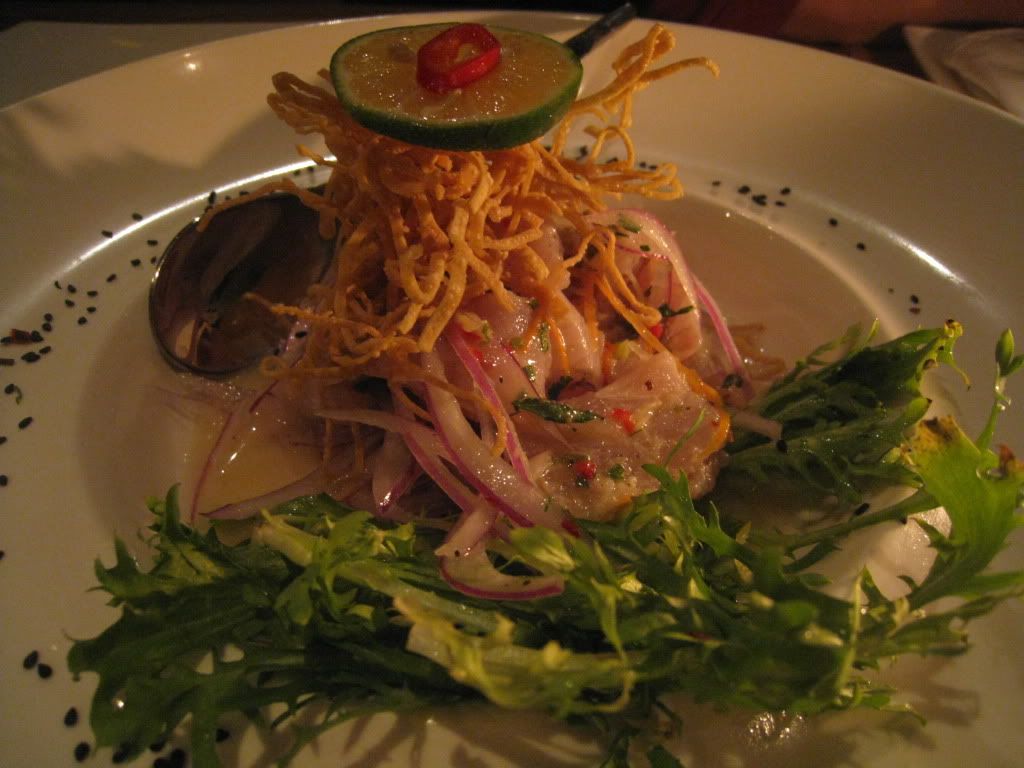 Chicha Ceviche Chifero - Fresh Seabass with a twist of ceviche sauce and ginger wonton and pickle vegetable