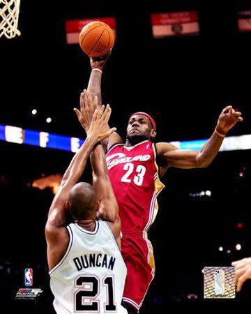 tim duncan dunking. LeBron dunking on Tim Duncan