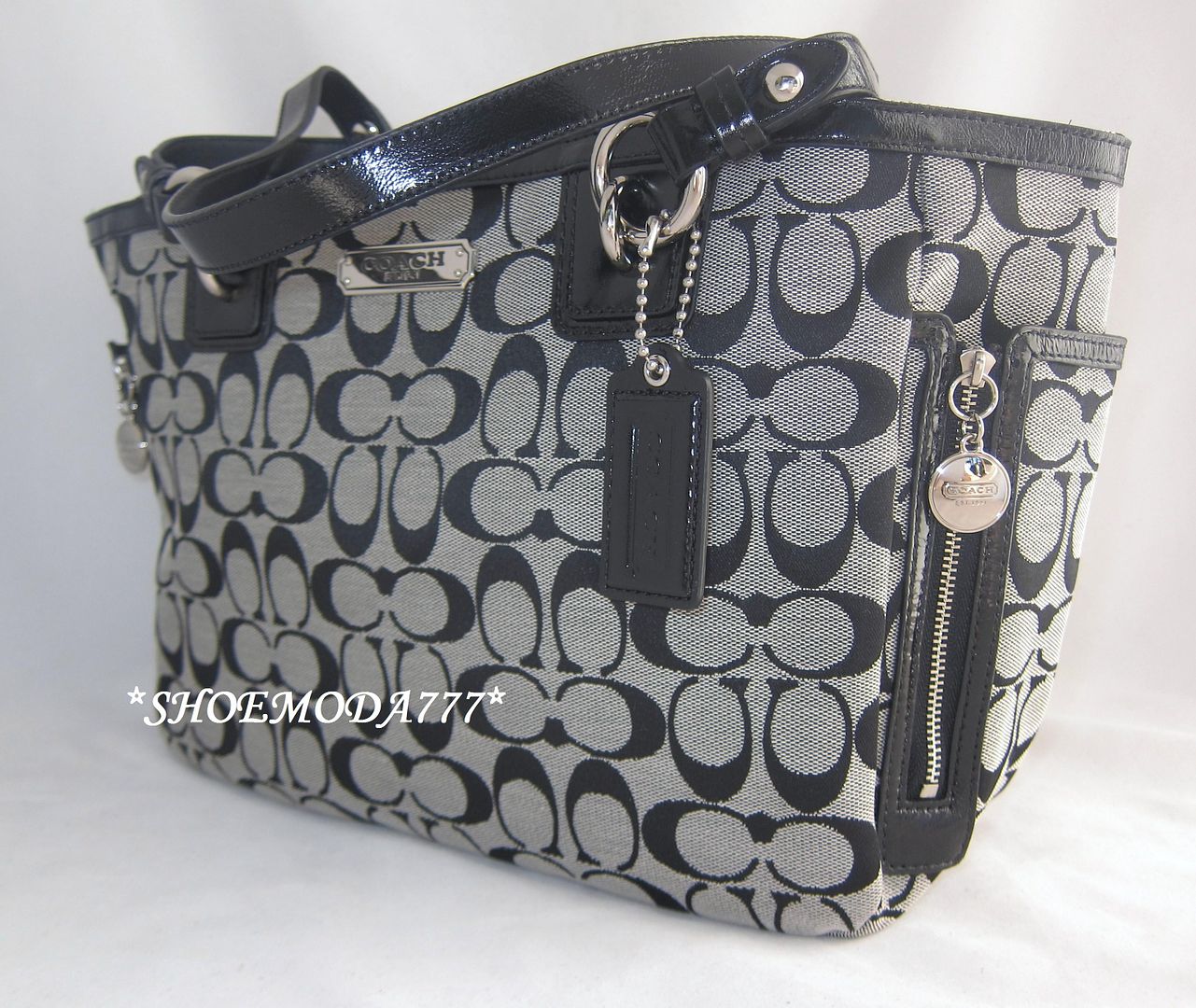298 Coach Gallery Zipper Tote Bag Handbag Purse Signature Black Khaki ...