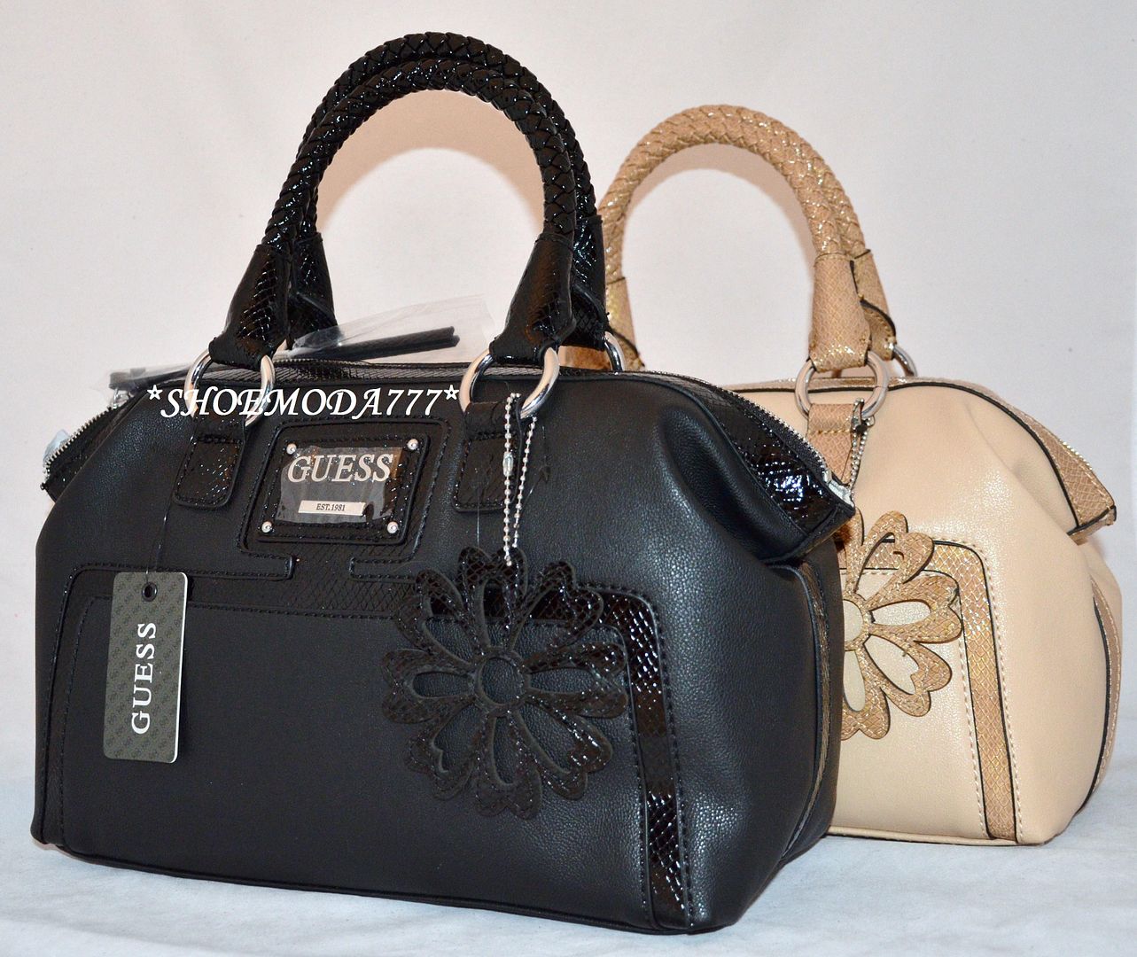 GUESS Honolulu Box Satchel Bag Purse Handbag Sac Flower Charm Black Beige New | eBay