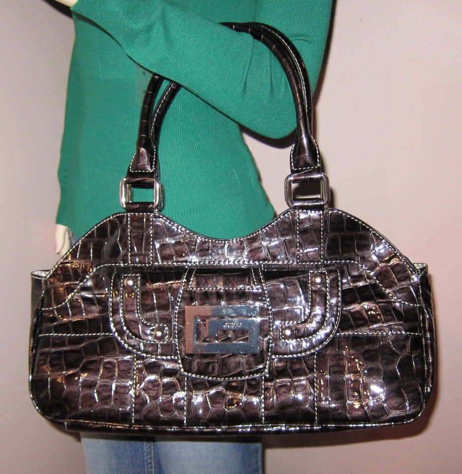 GUESS ANITA Croco Patent Synth. Leather Satchel Bag Purse Handbag New Black | eBay