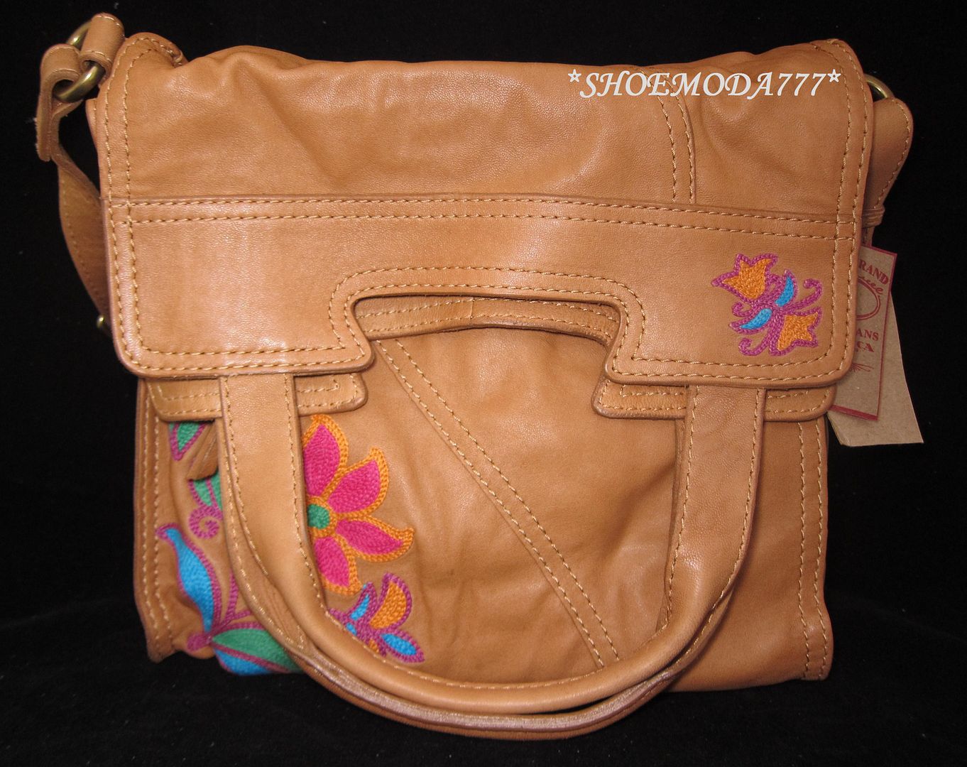 Lucky Brand Leather Abbey Road Bag Purse Messenger Brown Embroidered