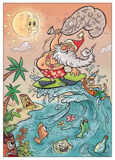Surfin' Santa Xmas Cartoon Drawing