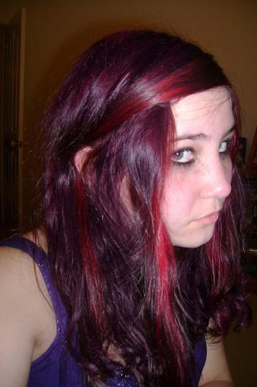 blonde hair red streak. Purple with pillarbox red